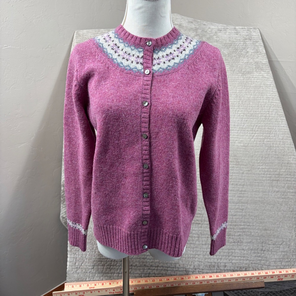 LL Bean Womens Shetland Wool Fair Isle Cardigan Sweater Pink Small
